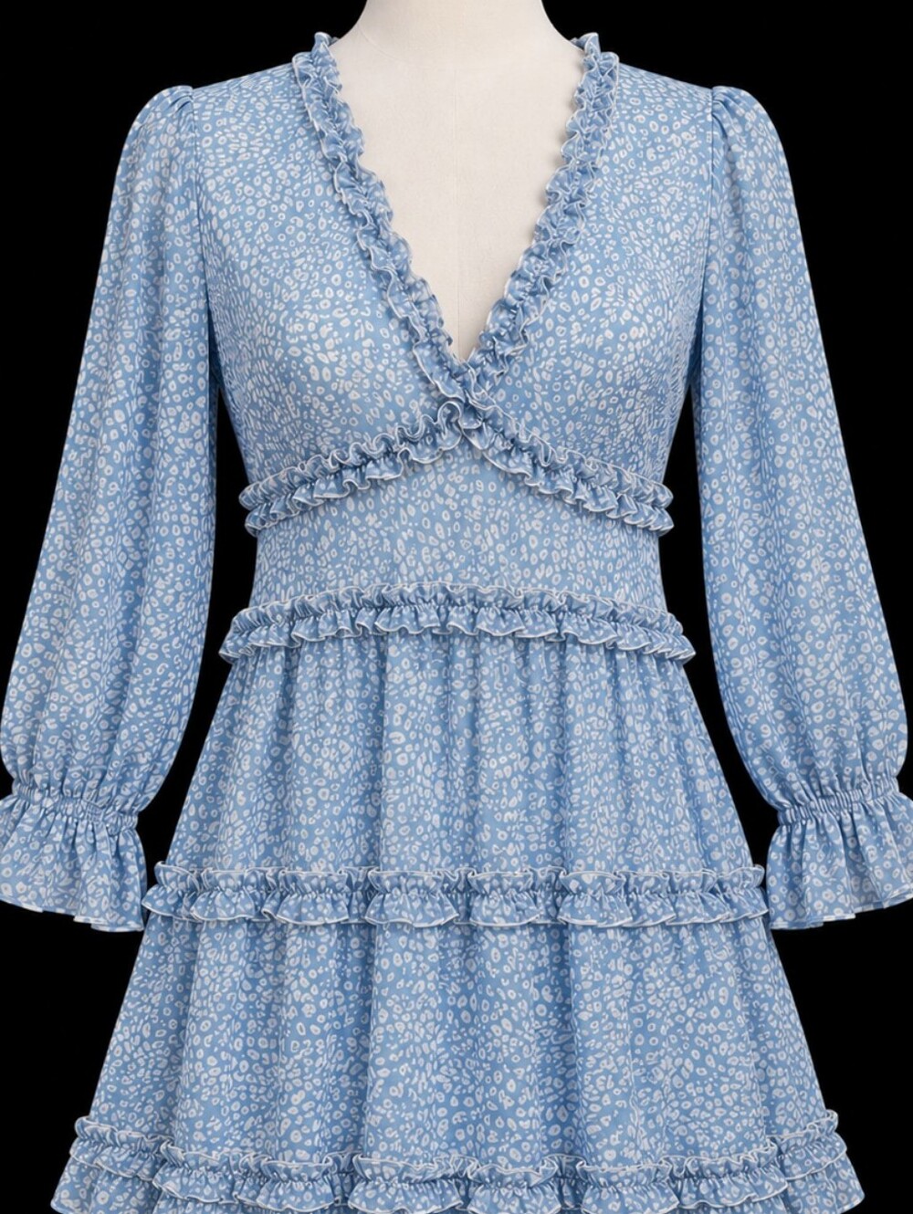 Light Blue Ruffle Tiered Mini Dress And Long Sleeve Floral Print💙